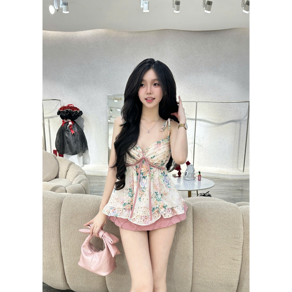 Áo Hoa Hai Dây Pastel Nhún Ngực Phối Chân Váy Ô Nổi 3D (P48)