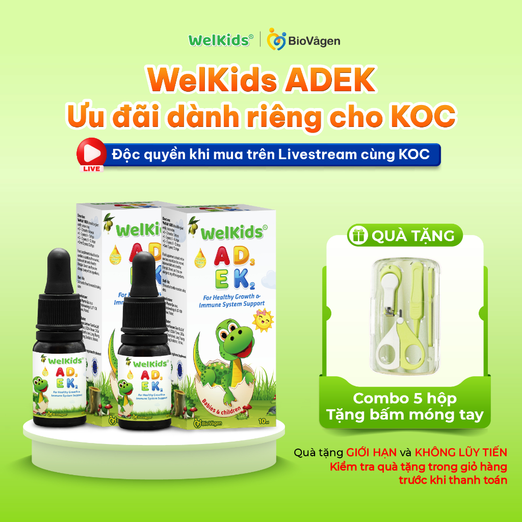 [ĐỘC QUYỀN LIVE CÙNG KOC] Combo 2 WelKids ADEK bổ sung 4 vitamin thiết yếu A, D3K2, E giúp con cao, 