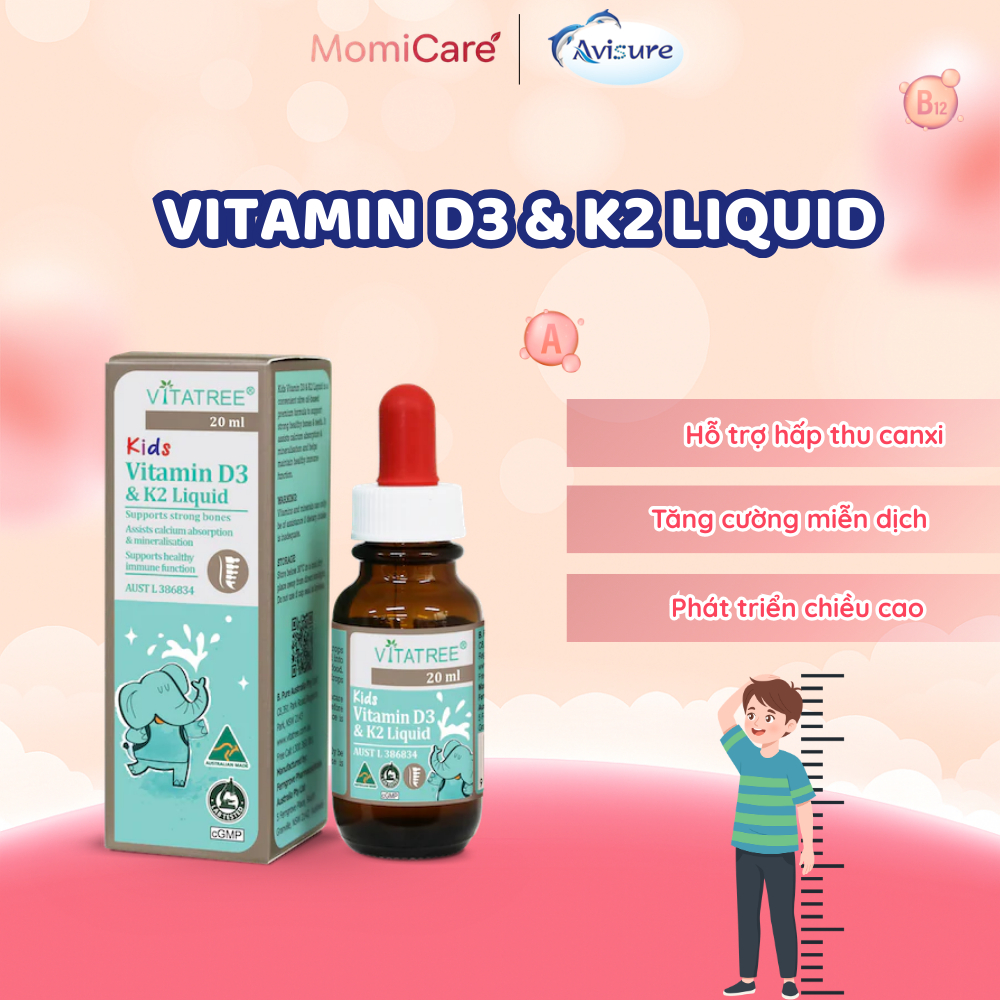 Vitatree Kids Vitamin D3 & K2 Liquid 20ml – Bổ Sung Vitamin D3K2, Hỗ Trợ Hấp Thu Canxi, Giúp Xương R