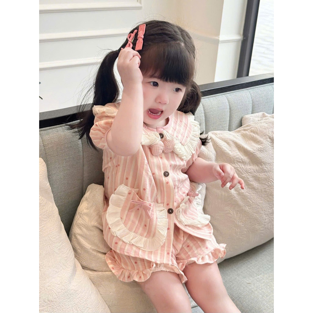 Pizama nơ bèo kẻ hồng ASK