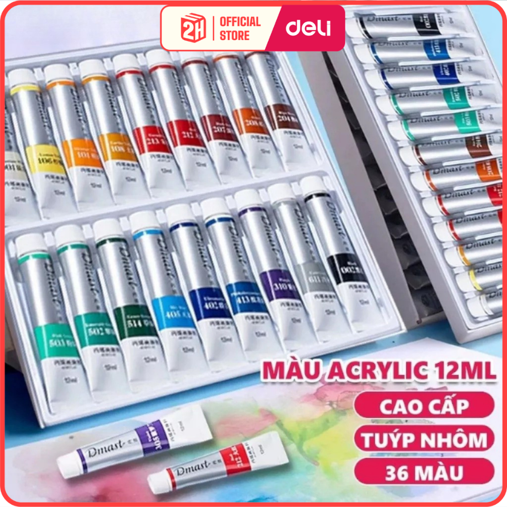 Màu Acrylic Tuýp 12ml Dmast Cao Cấp Deli, Màu Nước Acrylic Chống Thấm Nước, Bền Màu, VPP
