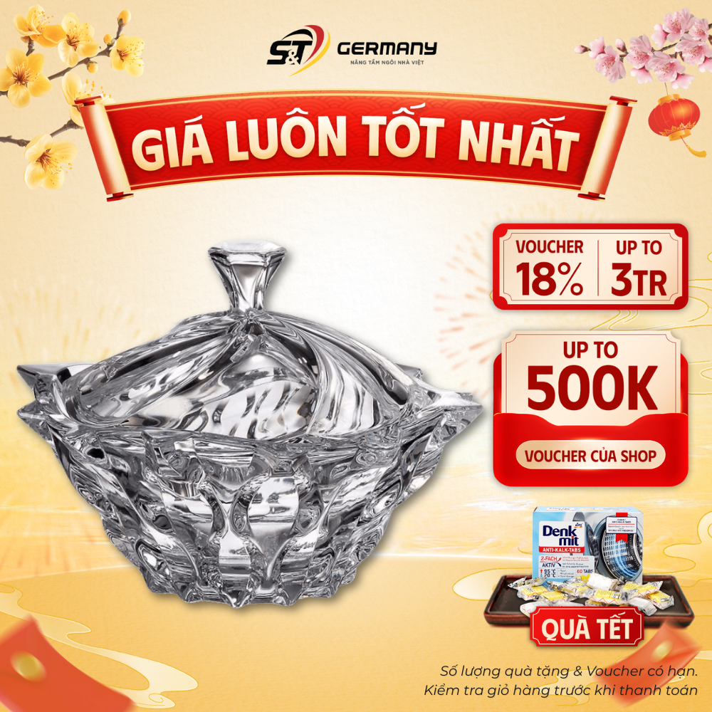 Thố pha lê Bohemia Samba 21cm màu trắng GermanySnT 510045