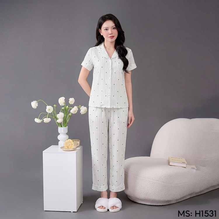 Bộ đồ ngủ nữ Pijama đũi mặc nhà VINGO/VINGORIA tay ngắn xuân hè H1531 | BigBuy360 - bigbuy360.vn