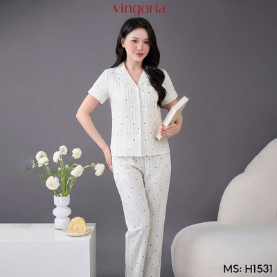 Bộ đồ ngủ nữ Pijama đũi mặc nhà VINGO/VINGORIA tay ngắn xuân hè H1531