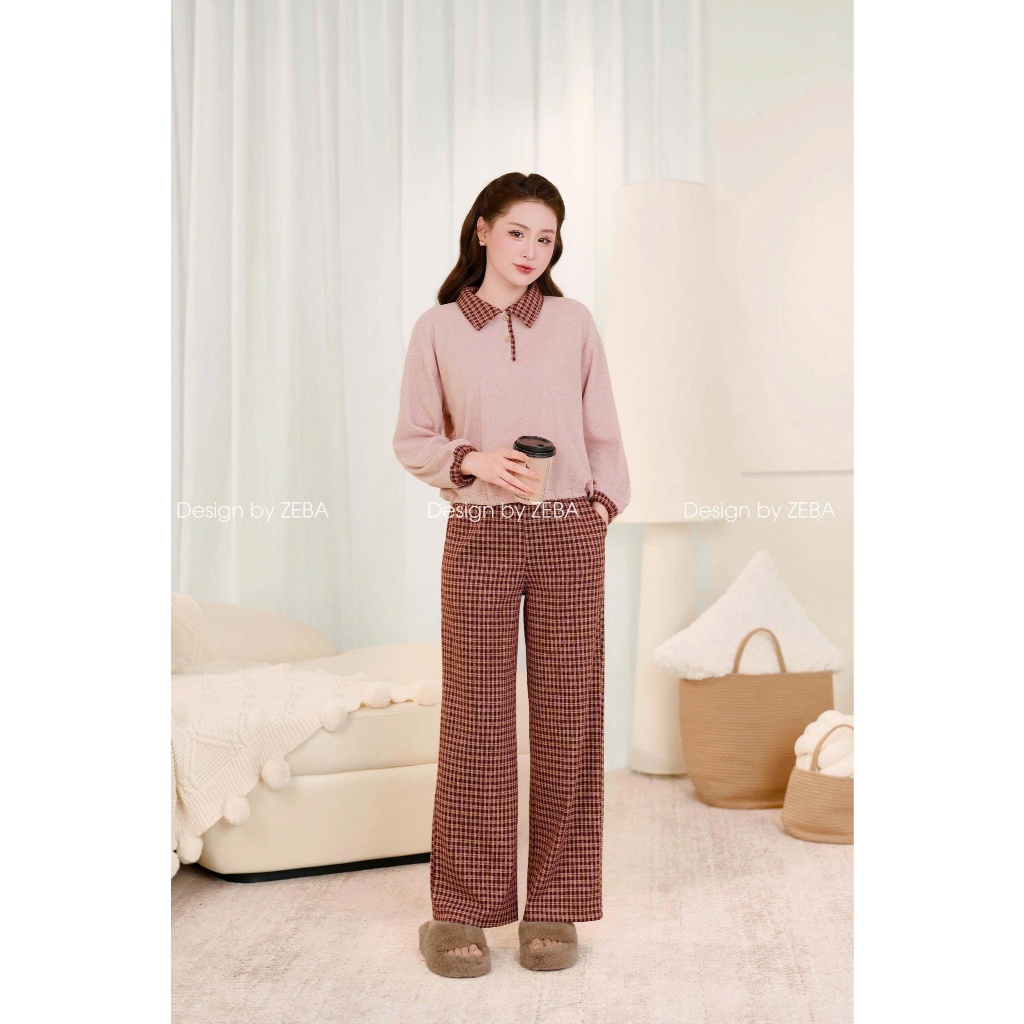 Set đồ nữ ZEBA bộ mặc nhà phối kẻ Hàn sang M3348