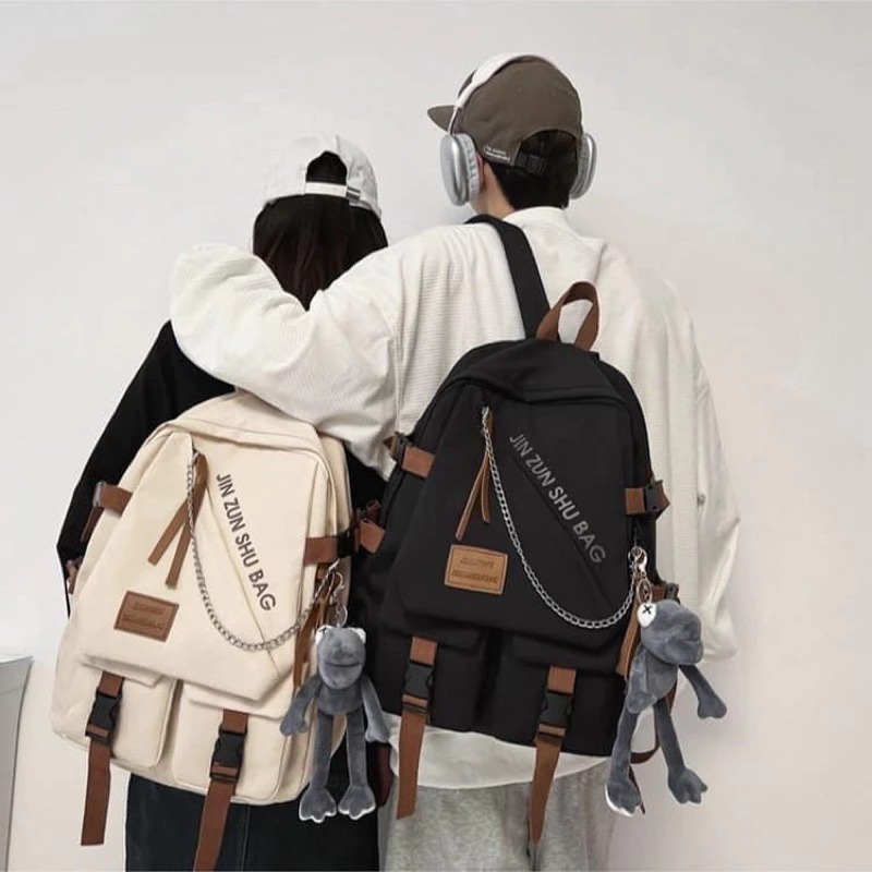 [Peinn] Balo đi học vải bố giá rẻ dây nâu JIN ZUN BL58 phong cách Hàn Quốc