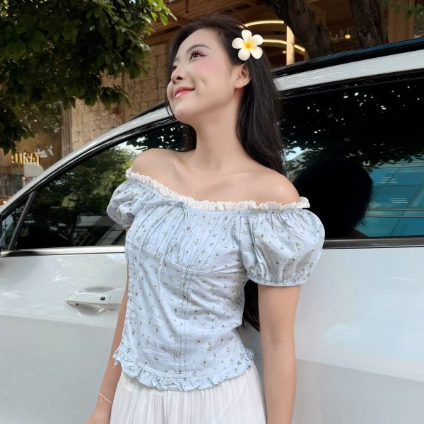 Áo Babydoll Kiểu Nữ Hoa Nhí Trễ Hở Vai Có Chiết Eo Tay Bồng Mùa Hè Noiree - KA830