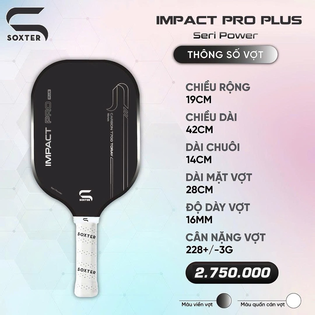 Chính Hãng Vợt Pickleball SOXTER Impact Pro Plus Series Power Mặt Đen Carbon T700 Toray Siêu Nảy, Si