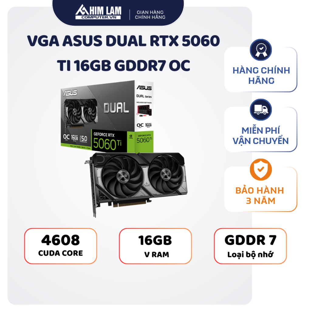VGA ASUS Dual RTX 5060 Ti 16GB GDDR7 OC - Card đồ họa rời chính hãng - FULL VAT