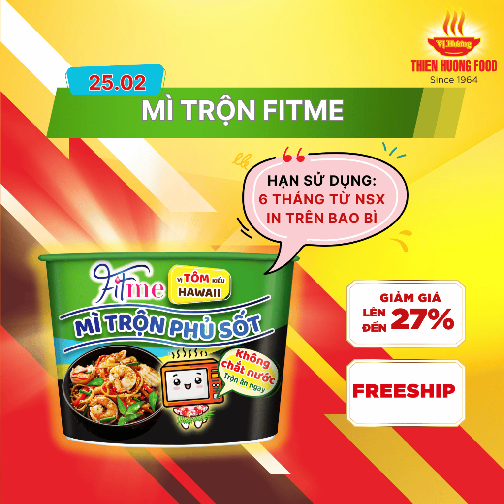 KHÔNG CHẮT NƯỚC - Thùng 12 tô Mì Trộn Phủ Sốt Fitme Vị Tôm Kiểu Hawaii Thùng 12 tô 110gram/tô [TMNBK