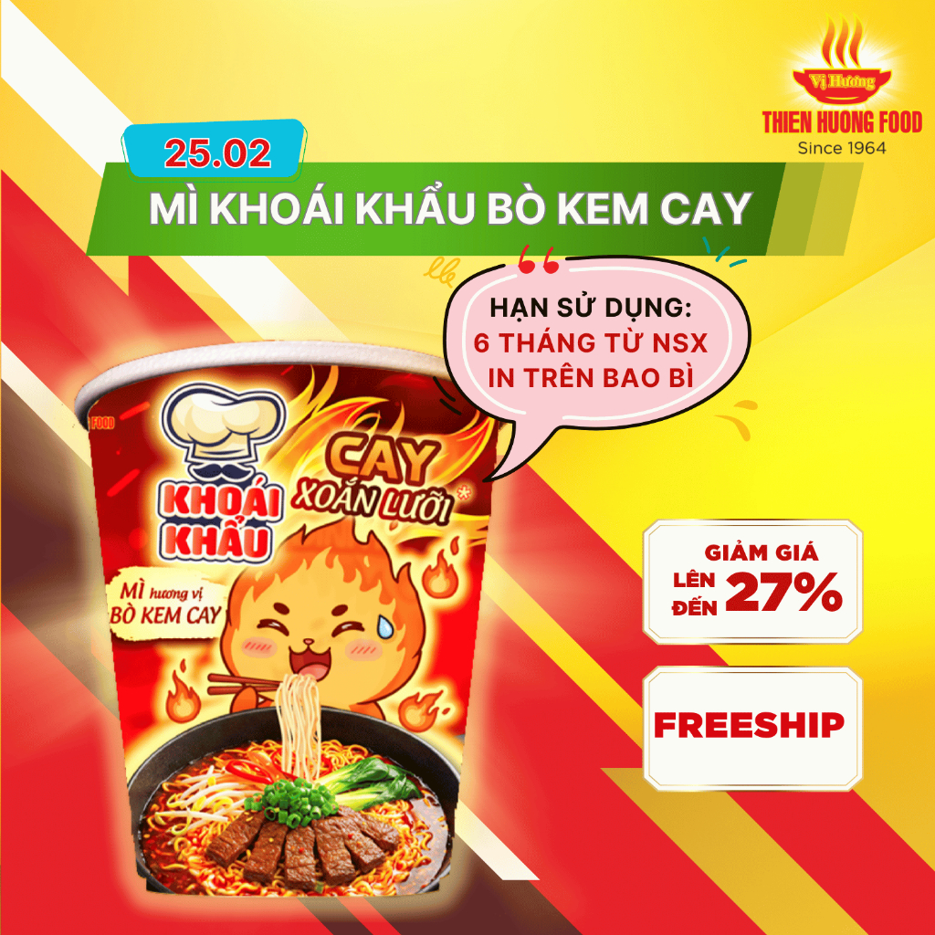 MÌ CAY XOẮN LƯỠI - Thùng 24 ly Mì Khoái Khẩu Hương Vị Bò Kem Cay 67gram/ly [TMNLY0024]