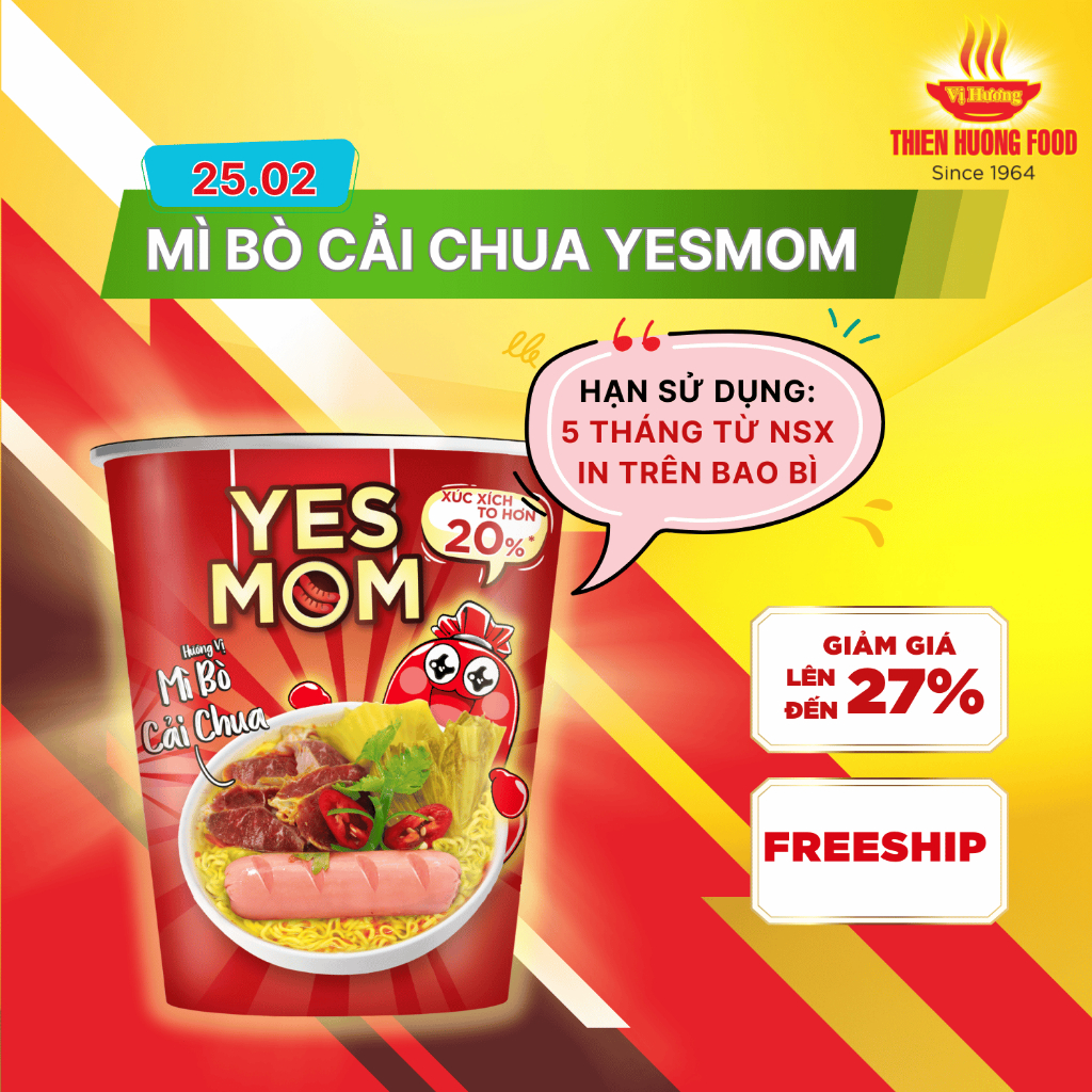 CÓ XÚC XÍCH TRONG LY - Thùng 24 ly Mì Bò Cải Chua Yes Mom Có Xúc Xích 79.2gram/ly   [TMNLY0018]