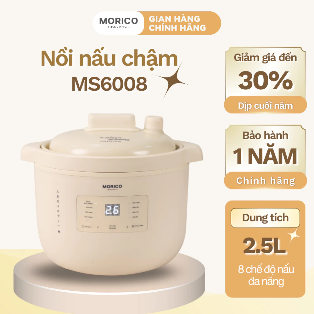 Nồi Nấu Chậm MORICO MS6008 – Giữ Ấm, Hẹn Giờ, 8 Chế Độ Tự Động, Gốm Ceramic An Toàn Sức Khỏe