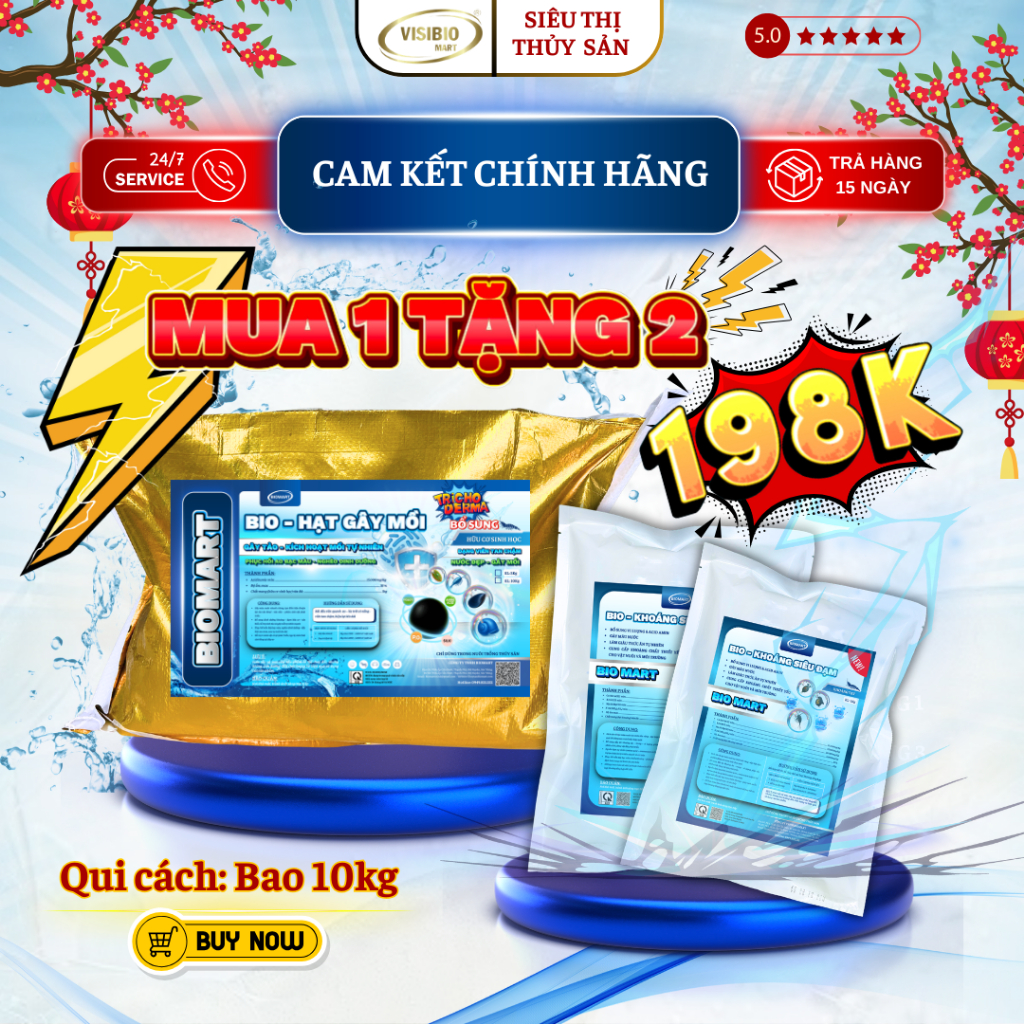 BIO HẠT GÂY MỒI - BIOMART [MUA 1 TẶNG 2] - HỮU CƠ SINH HỌC DẠNG VIÊN BAO 10KG - GÂY MỒI TRÙN CHỈ, ỐC GẠO & MÀU NƯỚC NHAN