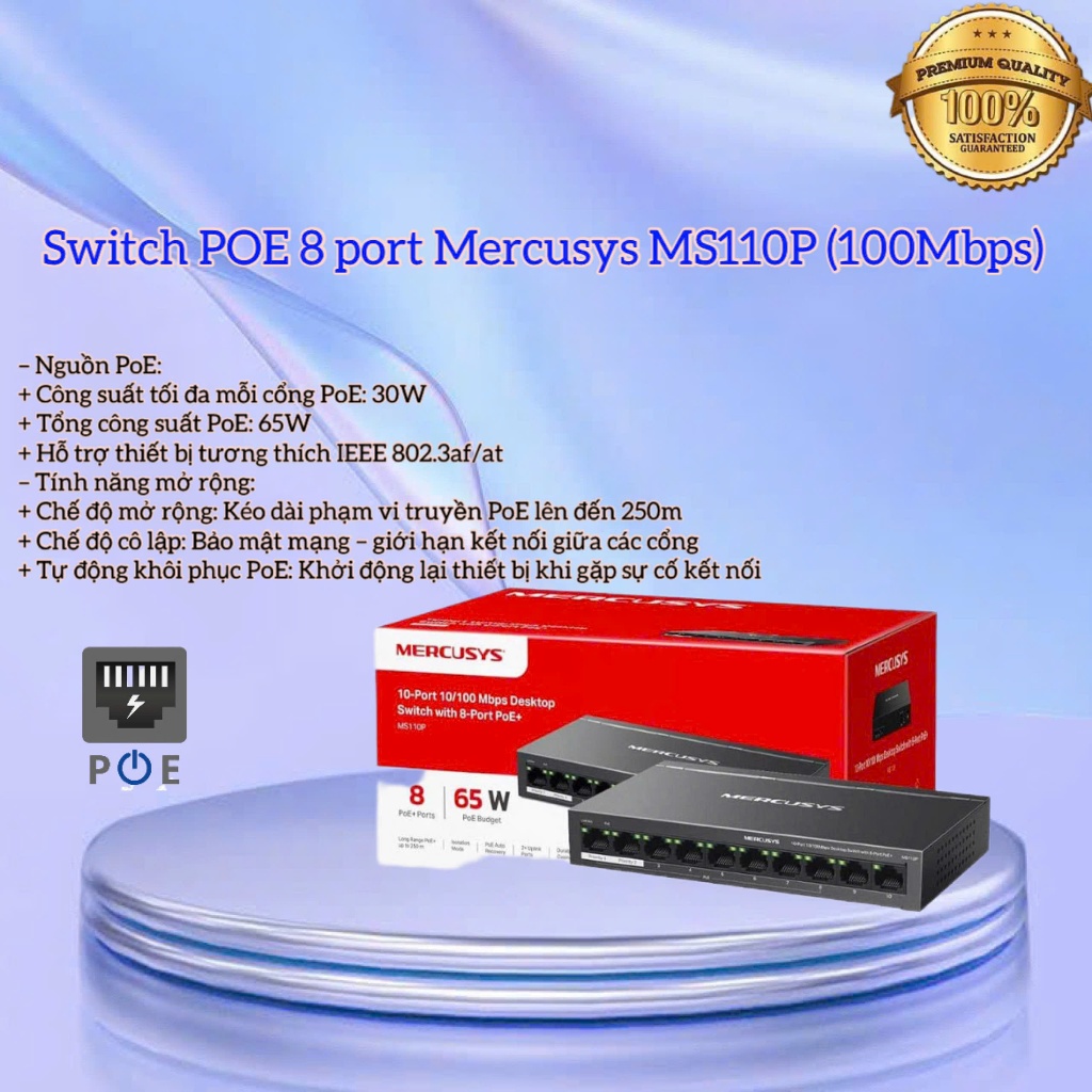 Switch PoE Mercusys MS110P 8 port (100Mbps) - Bộ Chia Mạng 8 cổng PoE+ 2 cổng uplink Vỏ Kim Loại