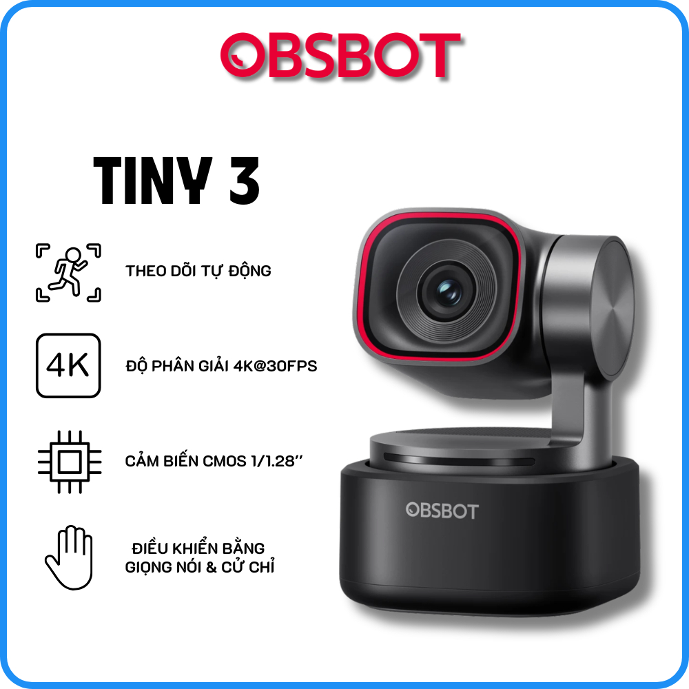OBSBOT Tiny 3 - Webcam PTZ 4K AI, Cảm Biến 1/1.28", Điều Khiển Bằng Giọng Nói & Cử Chỉ, 120FPS, HDR 