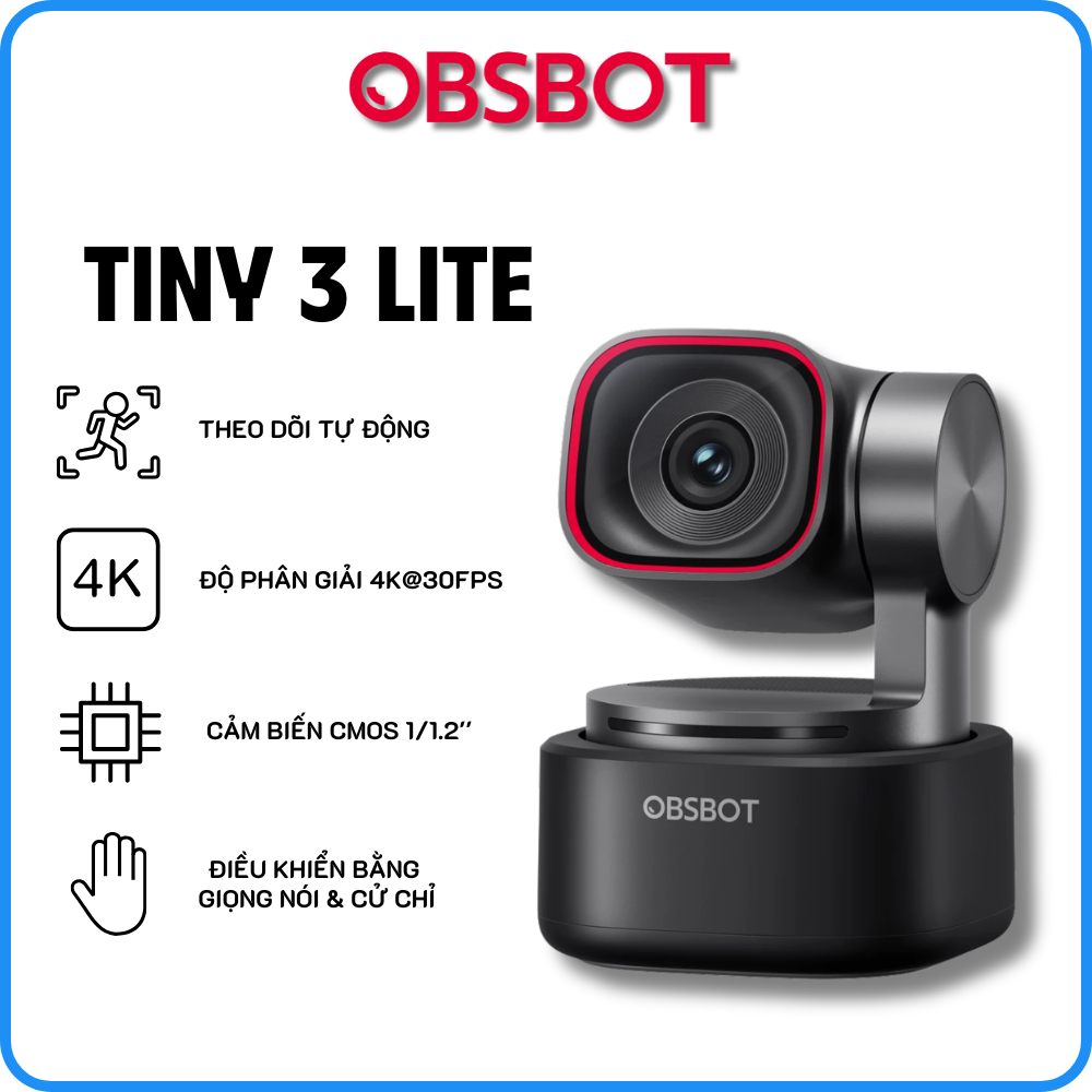 OBSBOT Tiny 3 Lite - Webcam PTZ 4K AI, Cảm Biến 1/1.2", Điều Khiển Bằng Giọng Nói & Cử Chỉ - Bảo Hàn
