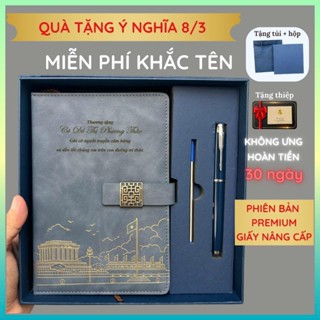Set Quà tặng Sổ tay bút ký MIỄN PHÍ KHẮC TÊN da PU+ túi hộp sang trọng tặng thầy cô 200 trang