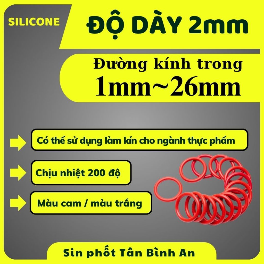 (10 cái) Oring silicone dày 2mm ( lỗ trong từ 1mm đến 26mm ) chịu nhiệt cao