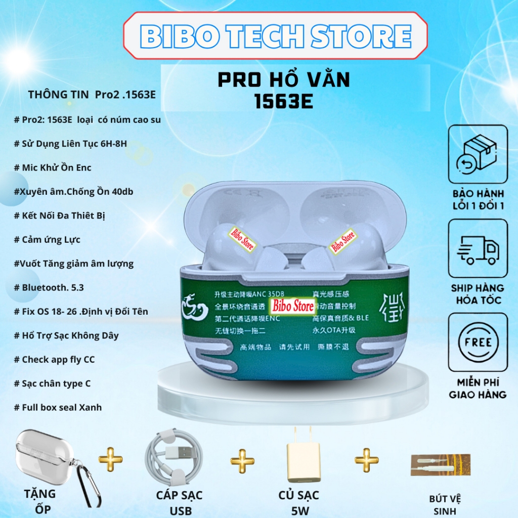 Tai Nghe Bluetooth Pro2 Hổ Vằn 1563E Bản 2025 | Chống Ồn 40dB – Bluetooth 5.3 – Mic ENC – Pin 8H – F