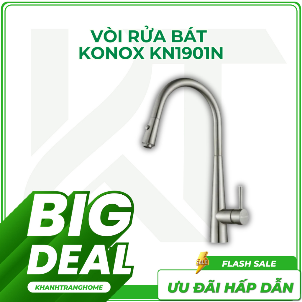 Vòi rửa bát KONOX KN1901N nóng lạnh dây rút, xoay 360 độ, PVD Nickel sang trọng - Khánh Trang Home 2