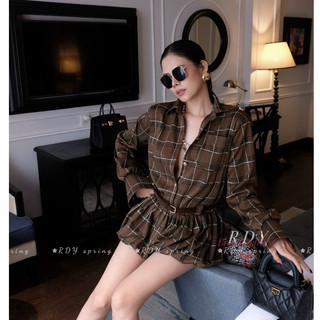Đầm dự tiệc, váy đi dự tiệc họa tiết kẻ caro dài tay cổ sơ mi chun eo chân bom thiết kế tiểu thư sang chảnh trẻ trung LE