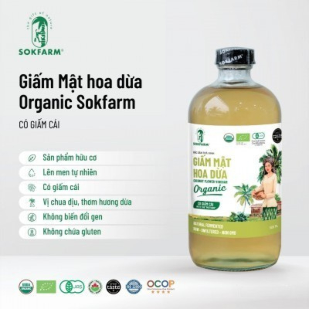 Giấm mật hoa dừa hữu cơ Sokfarm chứa giấm cái tự nhiên giúp cải thiện hệ tiêu hóa, thanh lọc cơ thể
