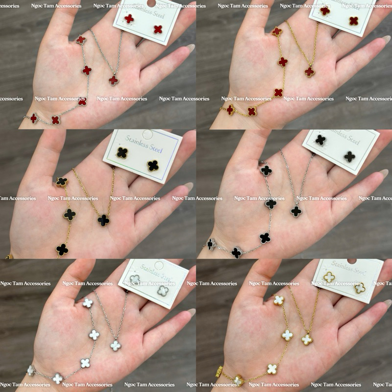 Set 3 Món Hình Cỏ Bốn Lá Titan, Khuyên Tai, Lắc Tay, Vòng Cổ Cỏ 4 Lá