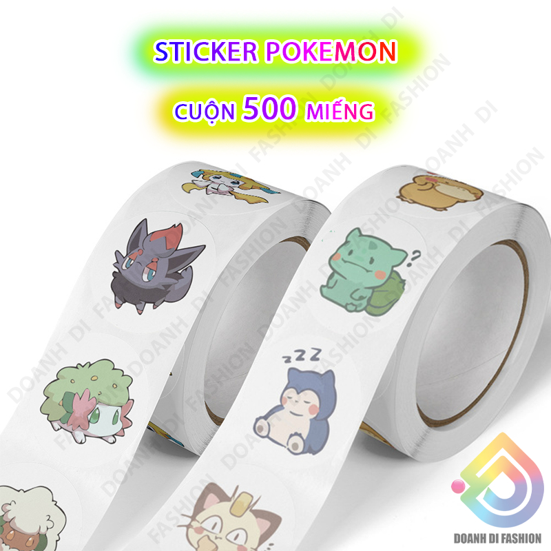 Cuộn 500 Sticker-POKEMON, Nhãn Dán Hoạt Hình, Miếng Dán Anime, Pikachu, POKEMON STICKER