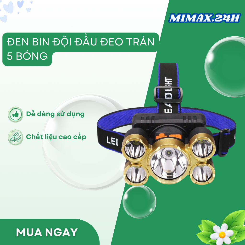 Đen bin đội đầu đeo trán siêu sáng 5 bóng LED ( BẢO HÀNH 6 THÁNG )
