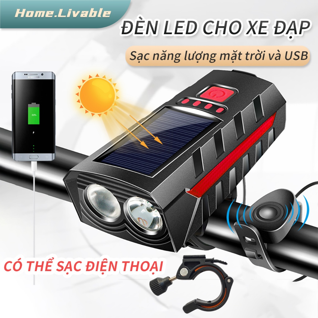 LED đèn xe đạp có còi,Sạc năng lượng mặt trời hoặc USB,Chống nước,Có thể sạc điện thoại,Dung lượng p