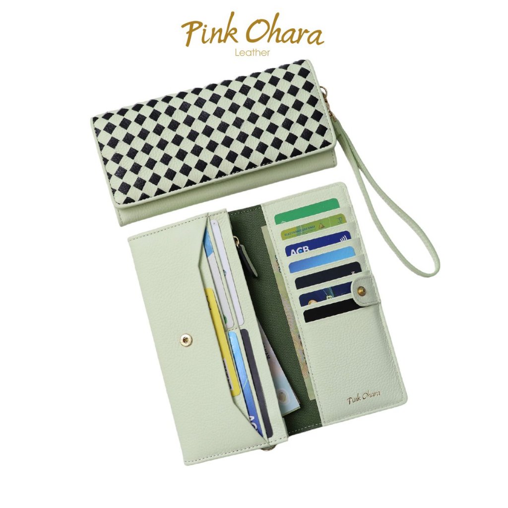 Ví Dài Nữ Da Bò Đan PINK OHARA Có Quai Đeo Tay