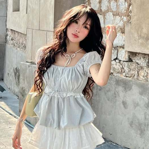Áo Babydoll Dáng Bồng Bí Nữ Trễ Hở Vai Chi Tiết Phối Ren Bo Nhún Ngực Mùa Hè Noiree - NA622