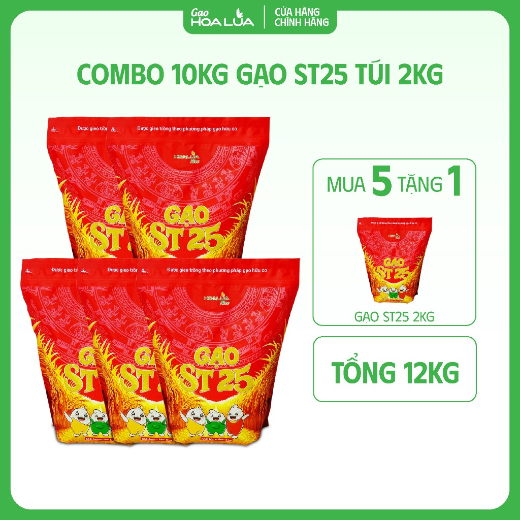 [Tặng 2Kg Gạo ST25] Combo 10kg Gạo ST25 Hoa Lúa túi 2kg (Tổng 12Kg)