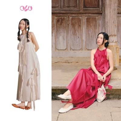 Đầm OLV suông cổ yếm đính nơ Chiffon Halter Maxi Dress nhiều màu thanh lịch phù hợp đi chơi