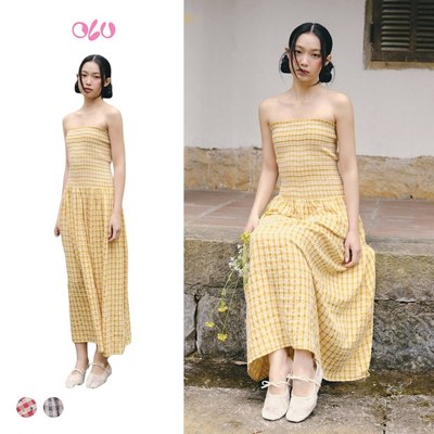 Đầm OLV cúp ngực Maxi nhún chun co giãn thoải mái Striped Cup Maxi Dress nhiều màu caro trẻ trung