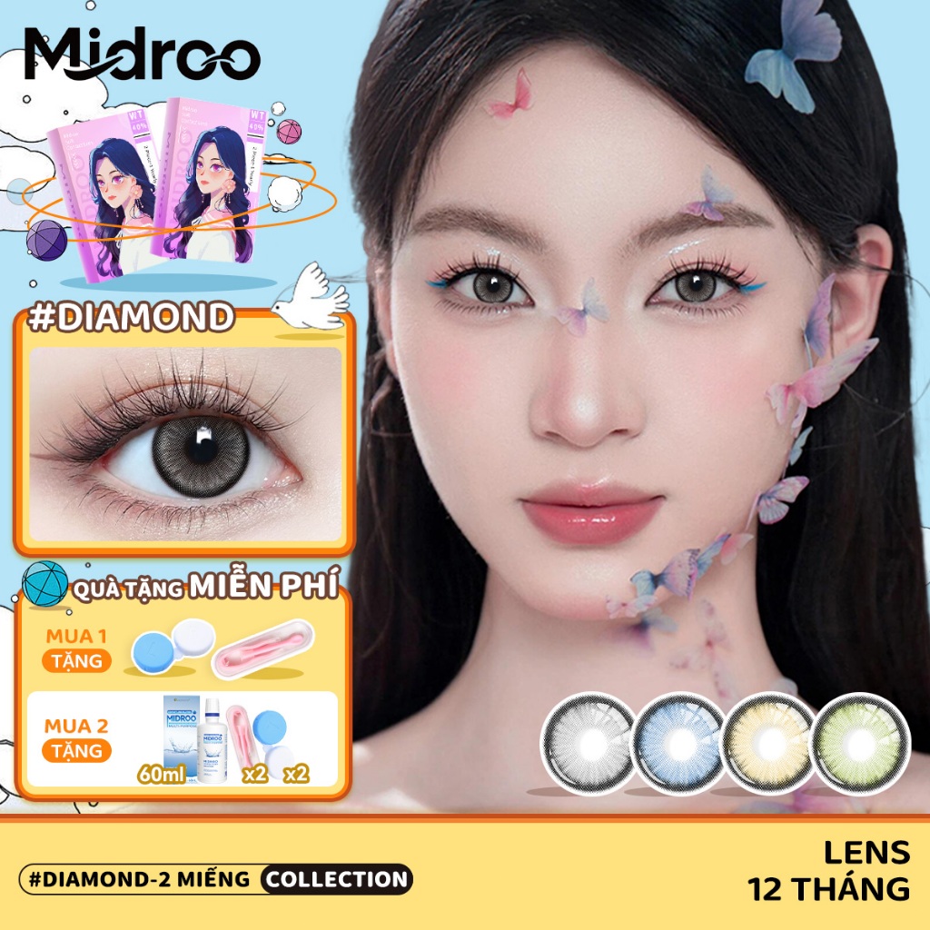 Midroo Lens 0 Độ (2 chiếc) Lens Cận Xám 14.5mm Lens Mắt Xanh Diamond Kính áp Tròng1 Năm