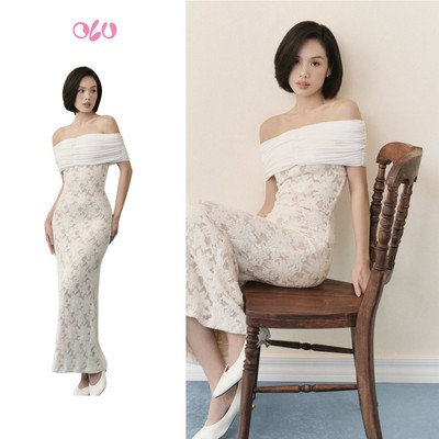 Đầm hoa OLV trễ vai ôm body tôn dáng Ivory Lace Off Shoulder Layered Maxi Dress phù hợp đi tiệc