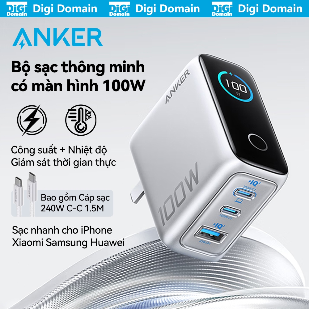 Anker Bộ sạc nhanh thông minh có màn hình 100W cục sạc usb type c củ sạc cho iPhone Xiaomi Samsung