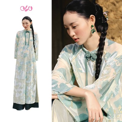 Áo dài OLV dáng suông đính nơ Mặc Lam truyền thống phù hợp dịp lễ tết (Không kèm quần)