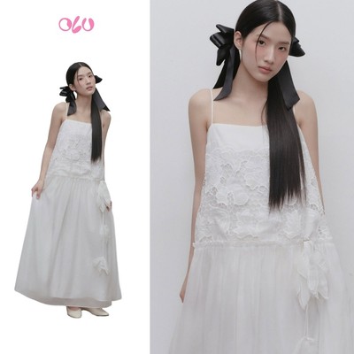 Đầm OLV suông maxi 2 dây phối ren thanh lịch White Lace Chiffon Strappy Maxi Dress phù hợp đi chơi