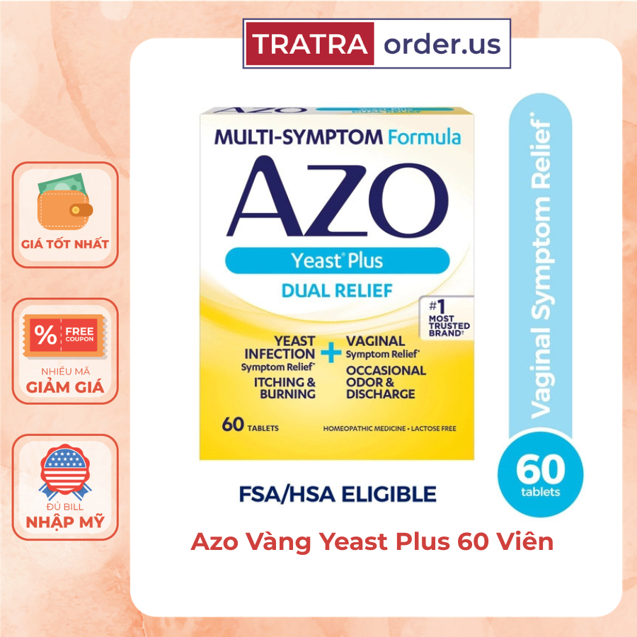 Viên uống Azo Yeast Plus cho đường tiết niệu - hộp vàng 60 viên