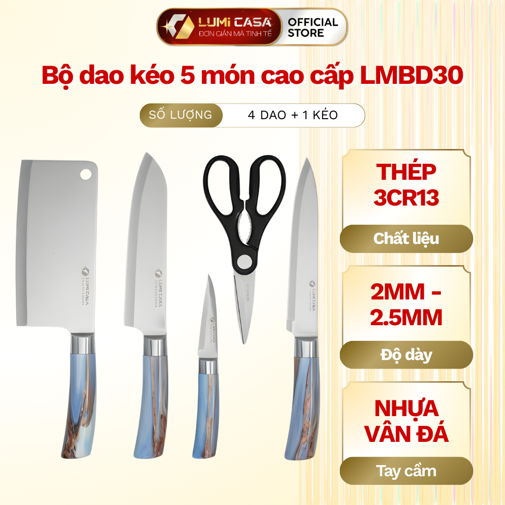 Bộ Dao Kéo 5 Món LUMICASA LMBD30 Lưỡi Thép Không Gỉ 4Cr13, Cán Nhựa Vân Đá Cao Cấp