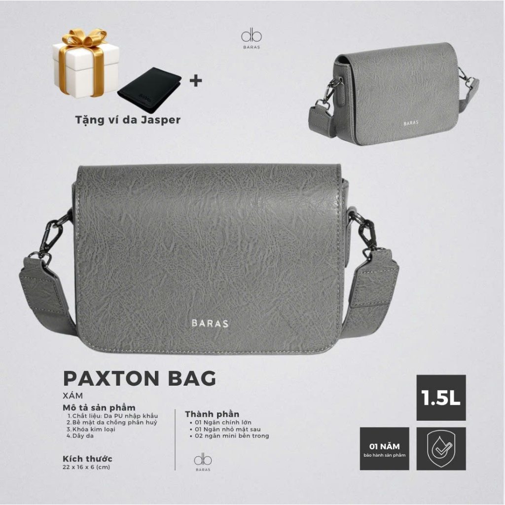 Túi đeo chéo nam Paxton bag - Xám - BARAS - Túi da nam thời trang