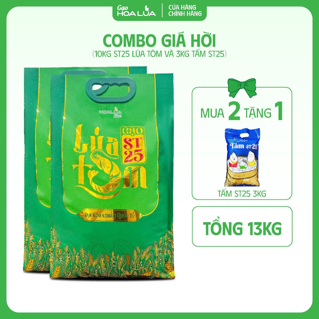 [TẶNG 3KG TẤM ST25] Combo 2 túi Gạo ST25 Lúa Tôm túi 5kg (Tổng 13kg)