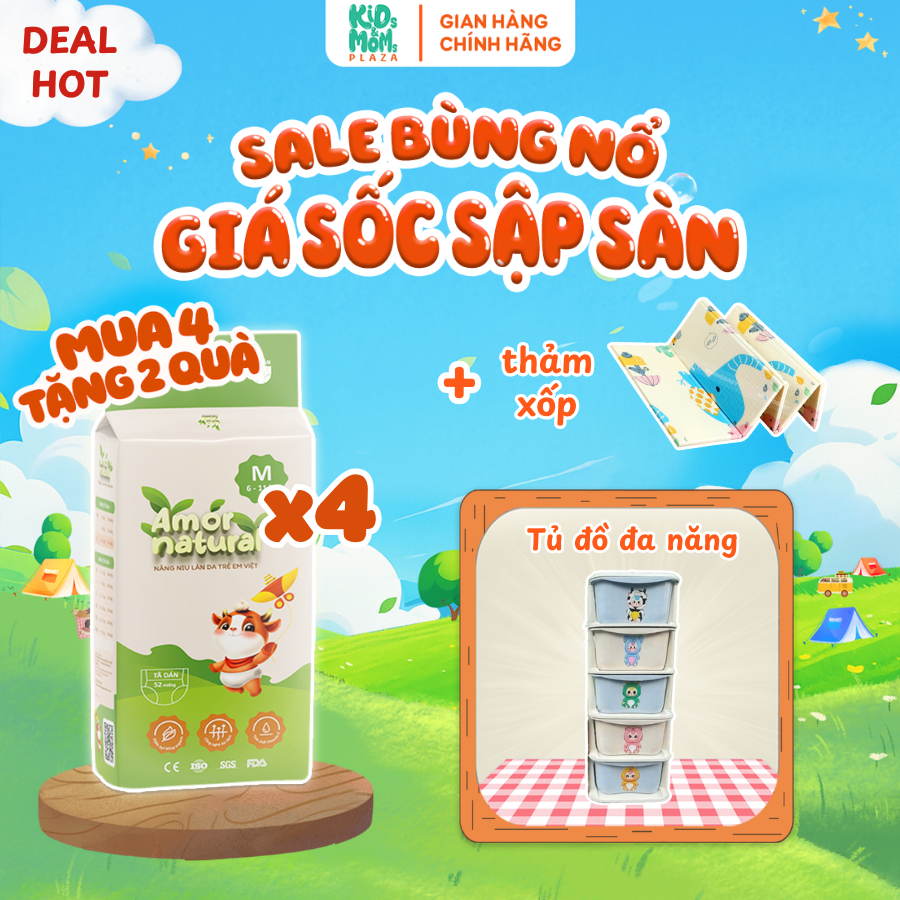 (4A) [TẶNG 2 QUÀ] COMBO 4 bịch tã/bỉm AMOR NATURAL Việt mỏng nhẹ, mát, ngừa hăm đủ size NB tới 4XL