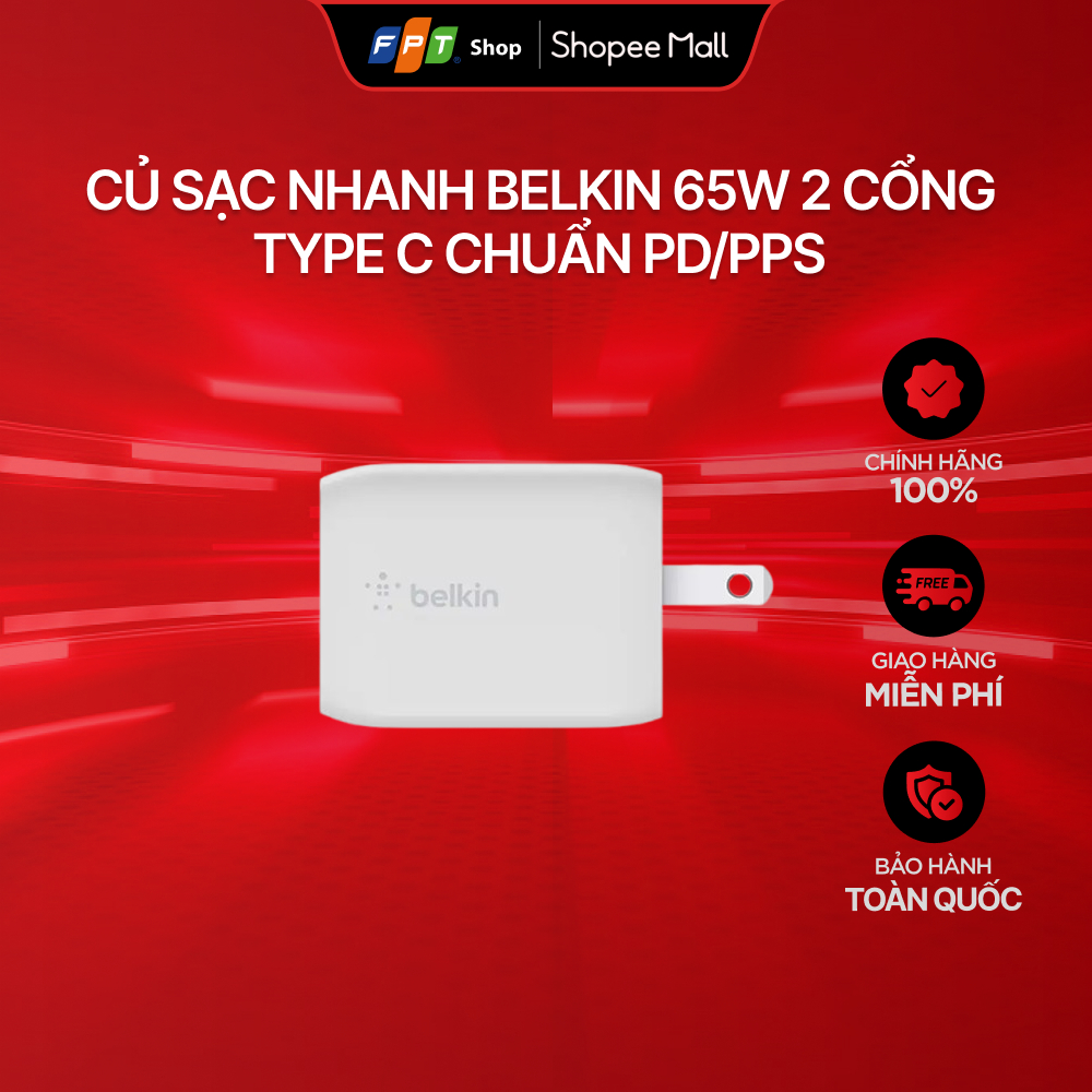 Củ sạc nhanh Belkin 65W 2 cổng Type C chuẩn PD/PPS