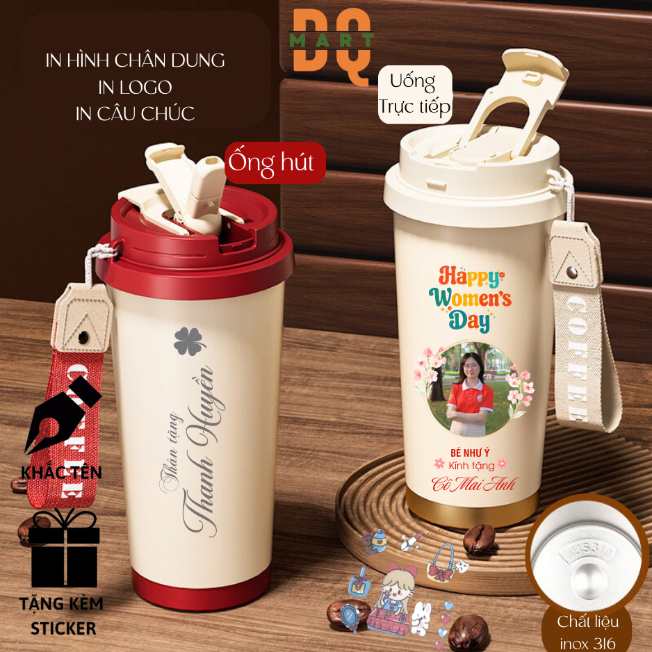 Bình Giữ Nhiệt in Hình Chân dung 500ml YAN DQMart inox 316, Giữ nhiệt 8-12h, DQMart