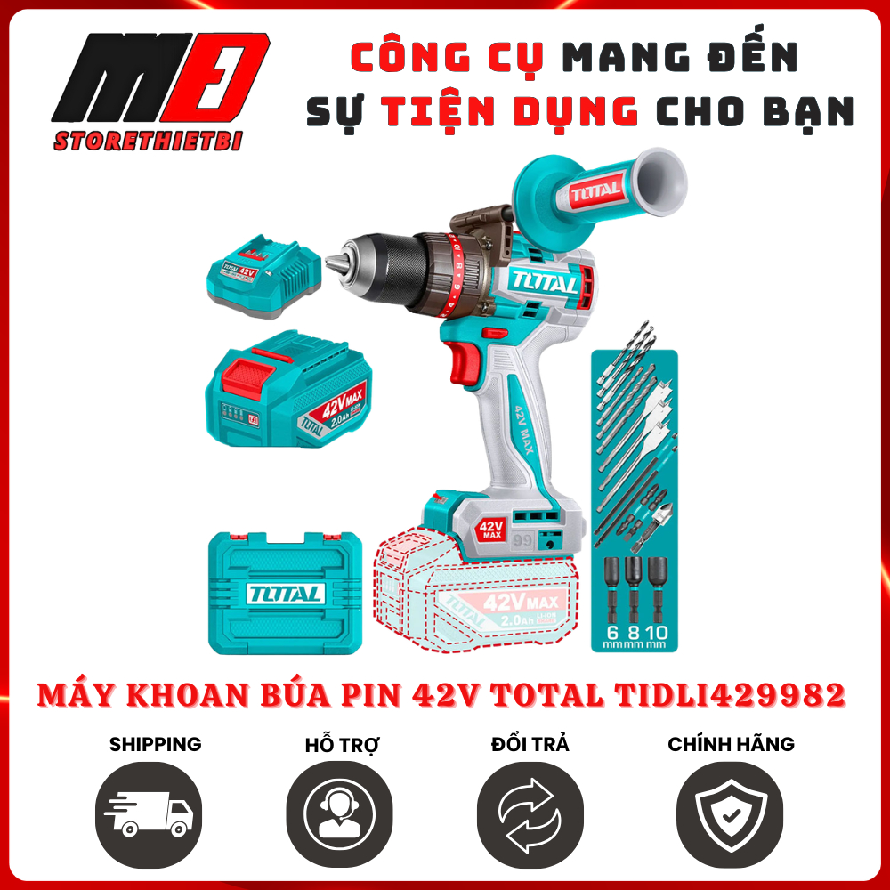 Máy Khoan Búa Pin 42V Total TIDLI429982 - Động Cơ Không Chổi Than (Brushless), Momen Xoắn 99Nm