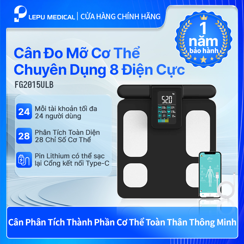 Lepu Cân Phân Tích Thành Phần Cơ Thể Thông Minh 8 Điện Cực - Theo Dõi Cân Nặng & Mỡ Cơ Thể Bluetooth, Có Sạc FG2015ULB